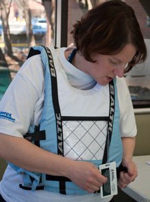 The Baltic Dinghy Pro being donned and fitted. The Baltic Dinghy Pro being donned and fitted.