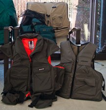 Fishing vests from top to bottom, left to right: West Marine Fish Classic, Stromy Seas Expedition, Baltic Fisherman, Stearns Sport Vest Fishing vests from top to bottom, left to right: West Marine Fish Classic, Stromy Seas Expedition, Baltic Fisherman, Stearns Sport Vest